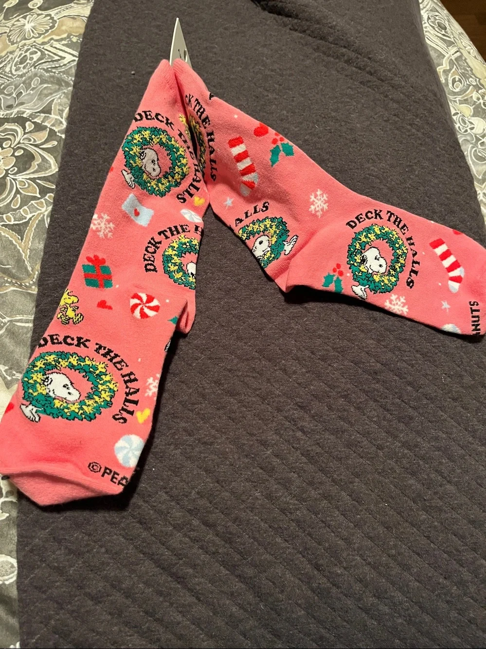 American Eagle Pink Snoopy Holiday 'Deck The Halls' Crew Socks